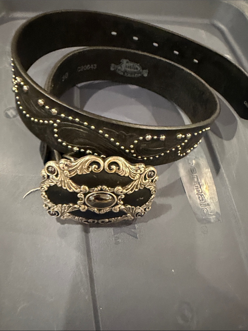 Justin Boots Black Leather Belt with Ornate Silver-Tone Buckle